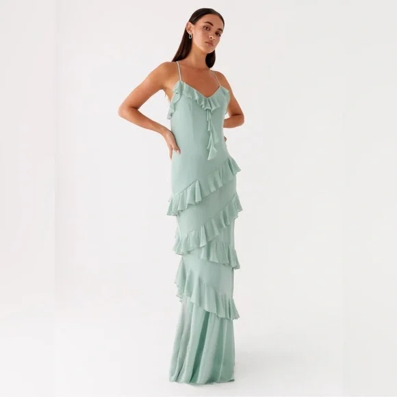 Peppermayo NWT Country Club Ruffled Maxi Dress in Sage Size 8 - Picture 3 of 6